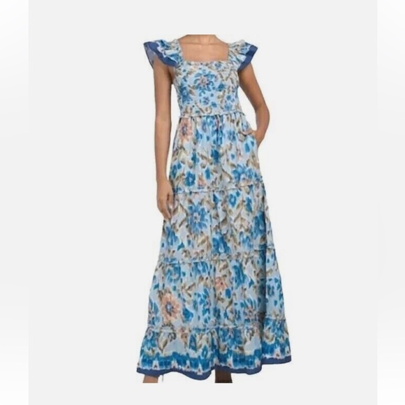 House of Harlow 1960 Zoey 100% Cotton Blue Tiered Maxi Dress - Size Large - Picture 11 of 11